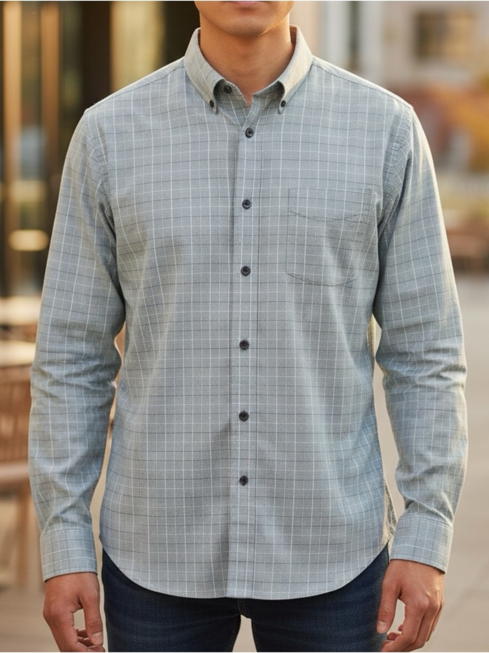 Tommy Hilfiger Men's Stretch Check Button Down Shirt Blue Grey Brown Cotton L